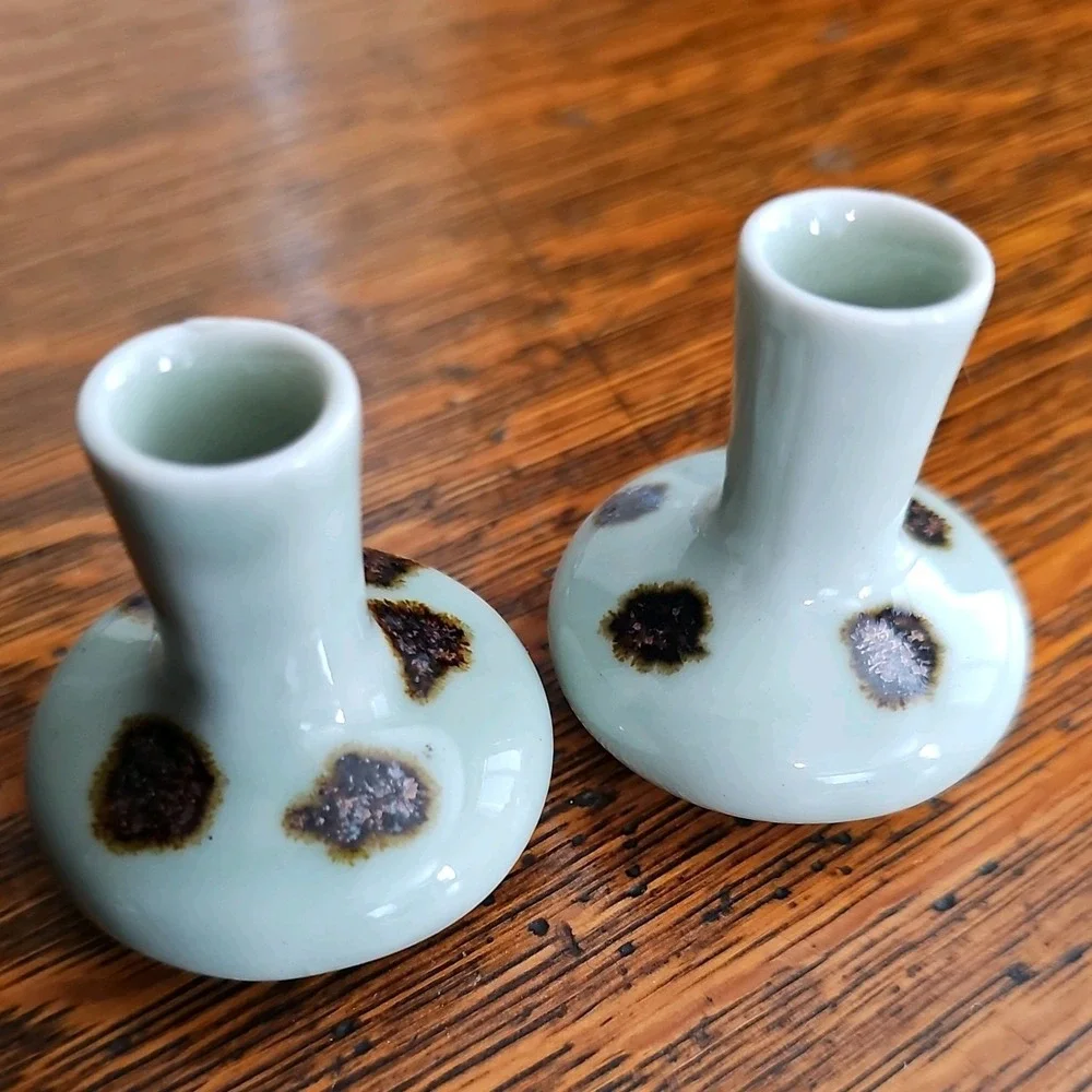 Set of 2 Small Art Pottery Fluted Bud Vases 3in Green Blue Brown Spotted Ceramic